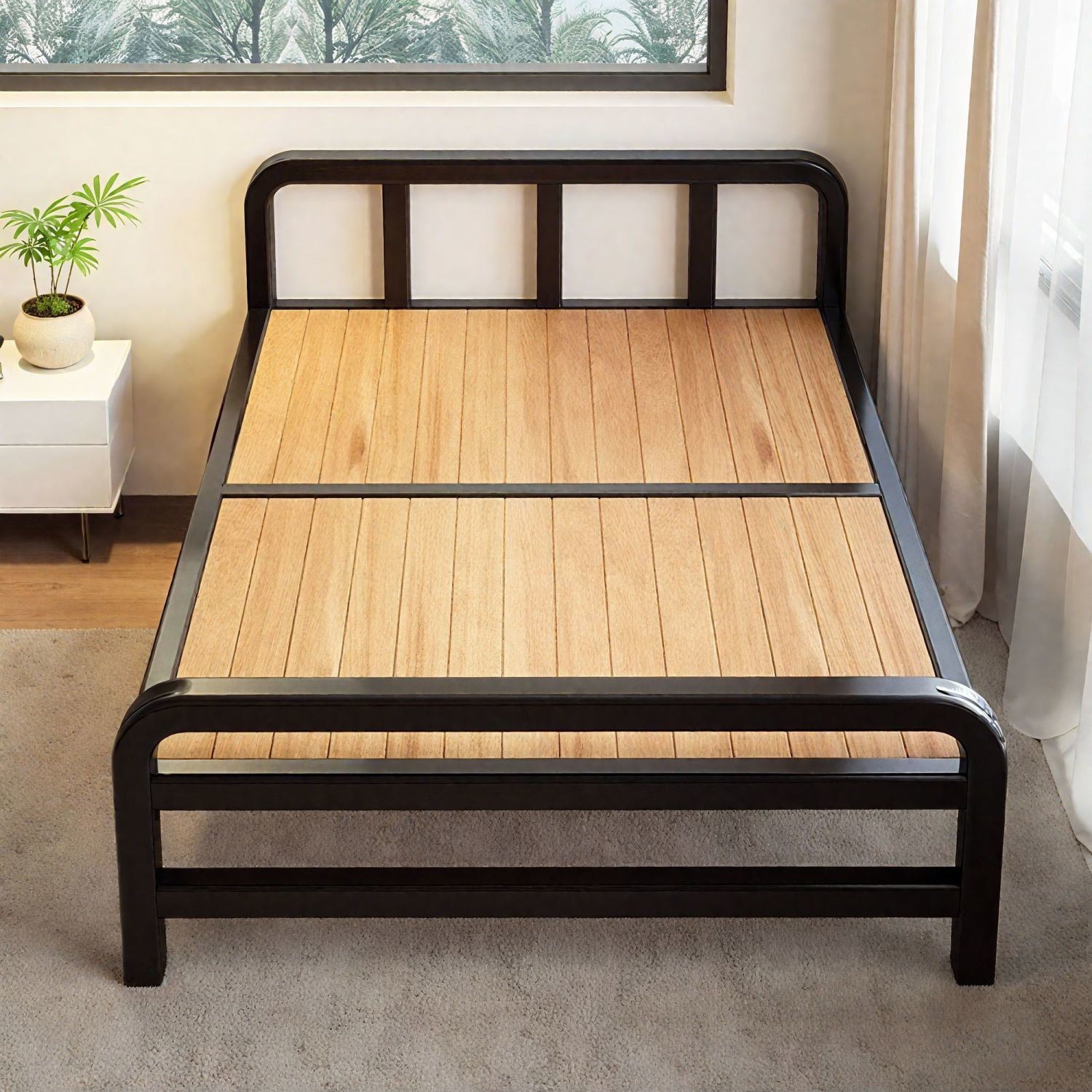 折りたたみベッド 天然木 鉄製 シングル (実木/耐荷重200kg/ブラック) [折り畳みベッド 簡易ベッド 一人暮らし ワンルーム 省スペース スリム 収納 事務所 オフィス 昼寝 午休 賃貸 アパート 湿気対策 カビ防止 腰痛 硬め コンパクト おしゃれ]｜グロースショップ