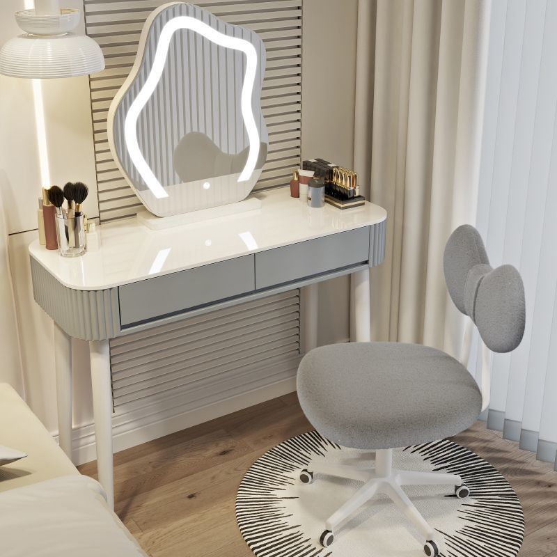 ドレッサー 鏡台 化粧台 鏡付き ミラー 一体型 収納 コンパクト スリム おしゃれ 椅子付き ベルベット 姫系 [寝室 一人暮らし 小さめ 賃貸 韓国インテリア 鏡台セット] (ホワイト/アイボリー/グレー)｜グロースショップ