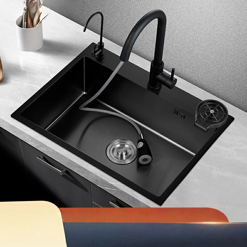 キッチン シンク ブラック ナノコーティング ステンレス 流し台 キッチンシンク 大容量 シングルシンク 台所 アンダーカウンター 取付簡単 排水金具付 [リフォーム 新生活 キッチン 厨房] (ブラック/グレー)｜グロースショップ