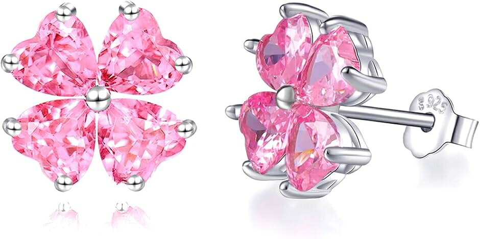 幸運四つ葉のクローバー 女性 6.4ct キュービック・ジルコニア 925純銀製 シルバー ピアス(10月 誕生石 ピンクトルマリン)