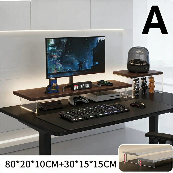 モニタースタンド 2点セット 机上ラック 木製 パソコン台 液晶ディスプレイ台 卓上収納 キーボード収納 PCスタンド デスク周り 整理 整頓 オフィス 在宅勤務 リモートワーク 幅80cm 幅30cm ウォールナット調 アクリル脚 モダン おしゃれ｜グロースショップ