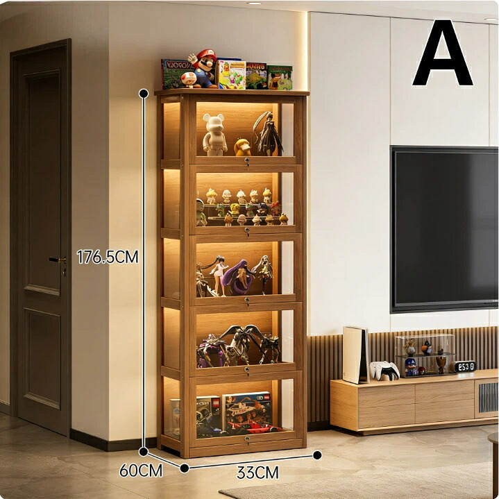 コレクションケース フィギュアケース 木製 ガラス スリム 5段 幅60cm 奥行33cm 高さ176.5cm 鍵付き 扉付き ハイタイプ ディスプレイラック アクリル 収納棚 飾り棚 大容量 盲盒 卓上 整理 おしゃれ リビング ナチュラル 木目 北欧 モダン 小物 背面ミラー