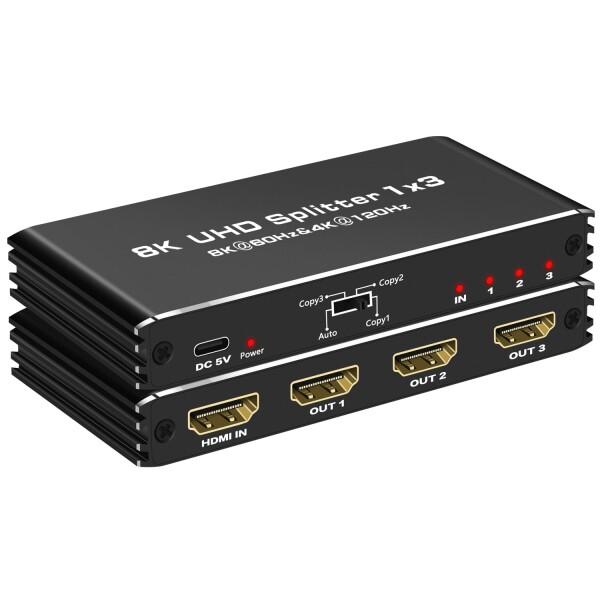 HDMI2.1分配器 1入力3出力 8K@60Hz HDMIスプリッター 3画面同時出力 3D/HDR映像出力HDM I 2.1 HDCP 2.3 EDID設定|グロースショップ