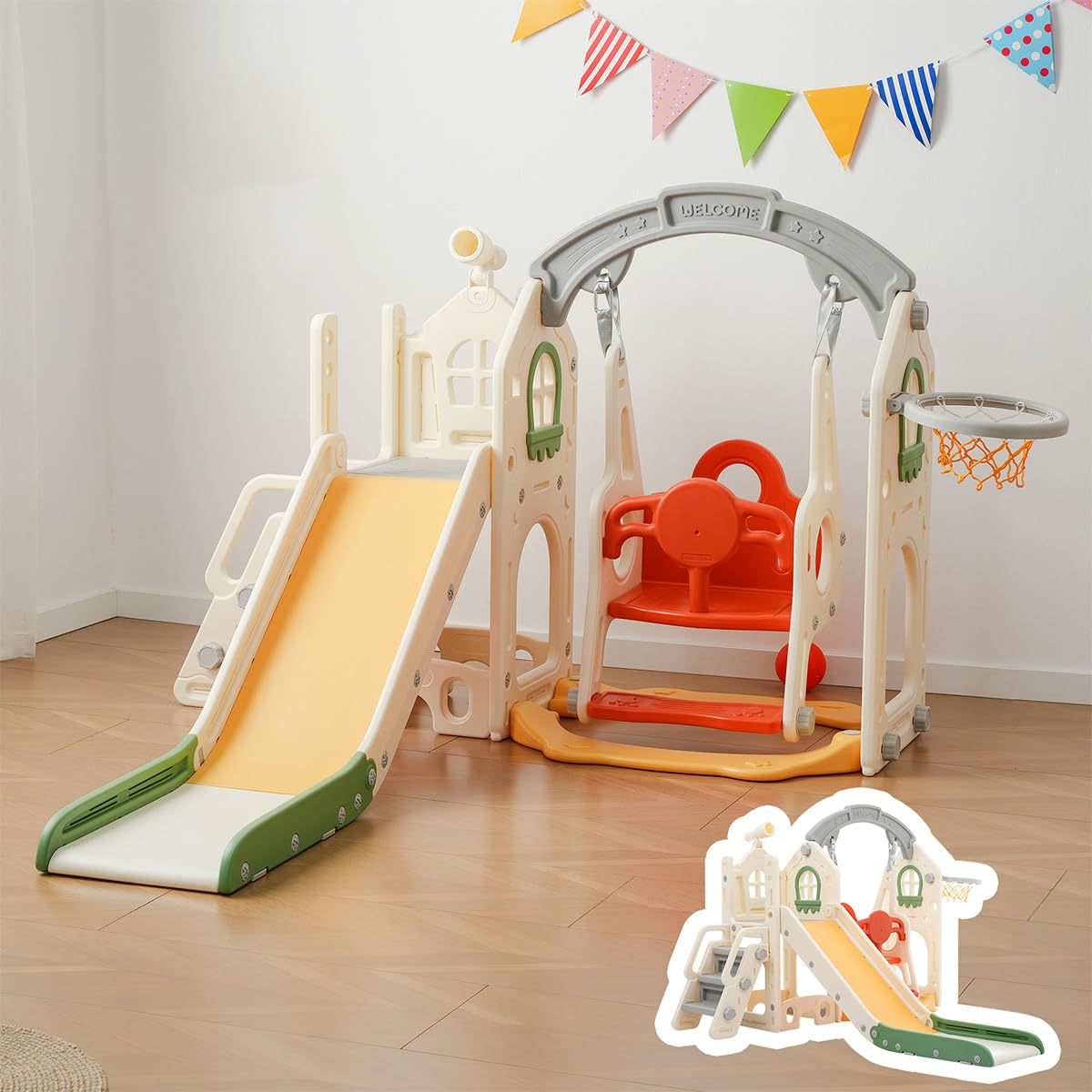 子ども 滑り台 ブランコ 折りたたみ可能 すべり台 遊具 お絵描きボード すべりだい スライダー 室内 室外 子供用 大型遊具 耐荷重45kg キッズ キッズパーク 子供 バスケットゴール 収納便利 誕生日プレゼント クリスマス (イエロー)｜グロースショップ