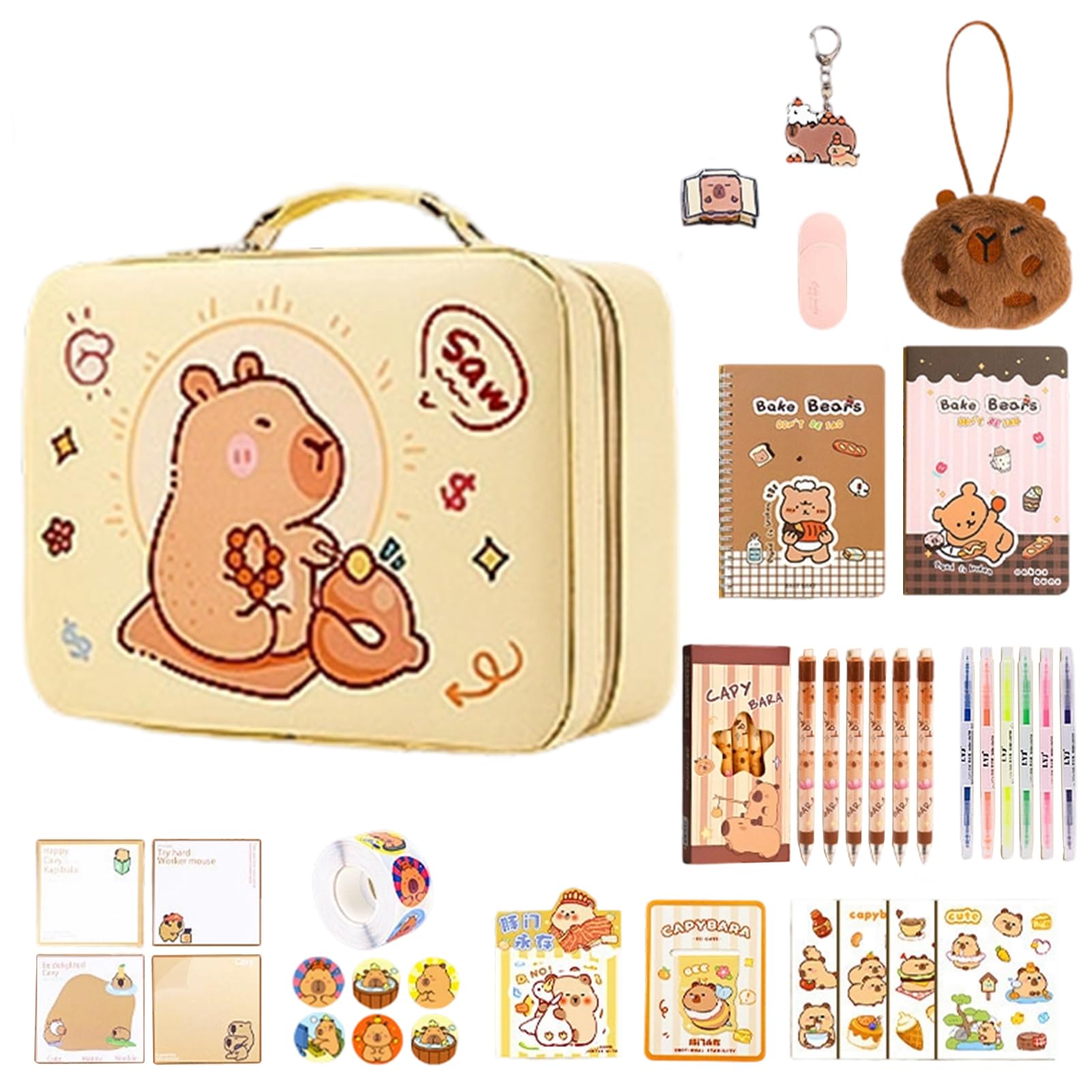 Capybara 文房具セット 動物筆箱 大容量 かわいい筆入れ ノート付きかわいい収納ボックス ぬいぐるみペンダント ペン ステッカー A5サイズ 学用品ギフトセット 6-12歳|グロースショップ