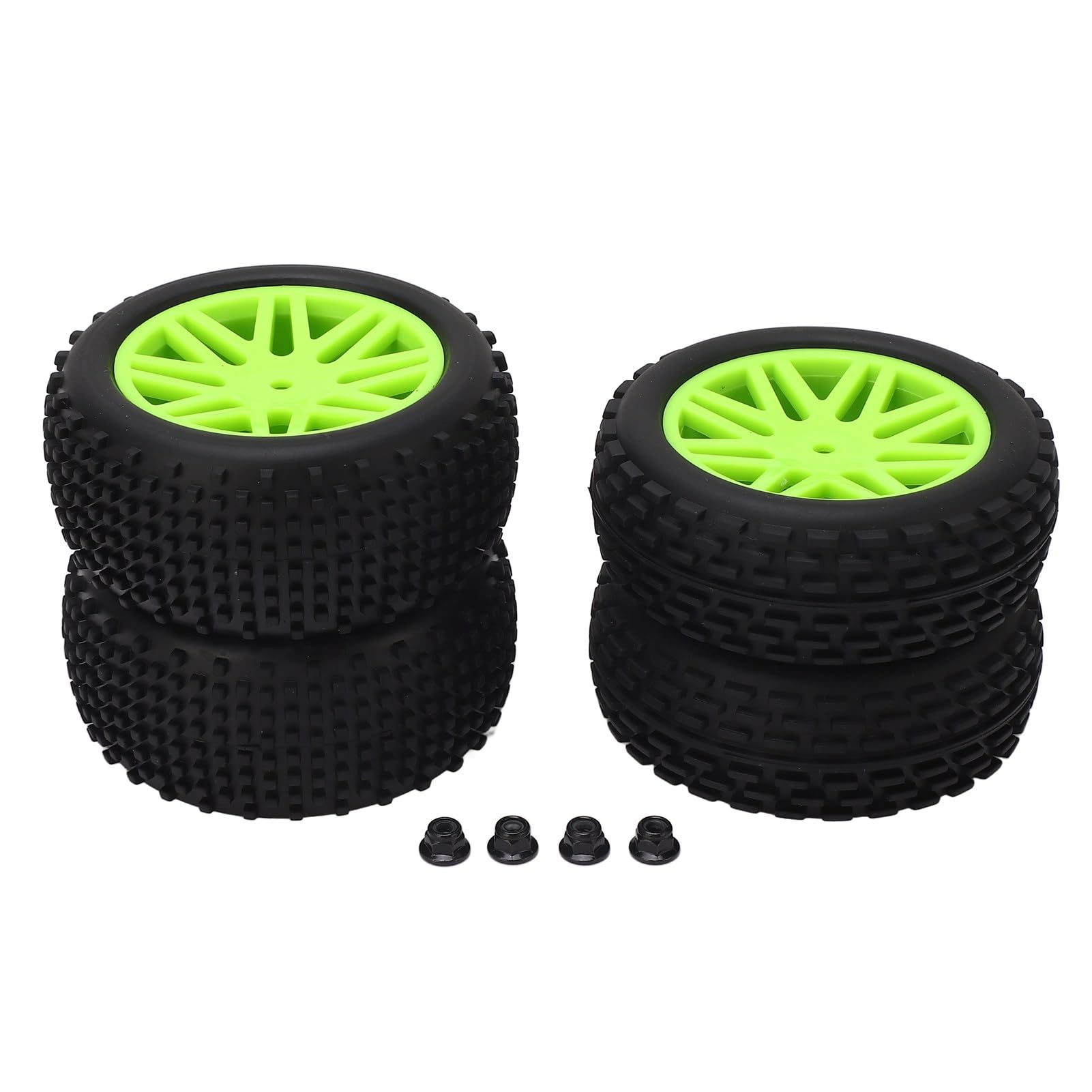 4 Pcs 1/10 RC Off Road Tires, Front and Rear Round Stud Type with V Hole Hub, High Grip Rubber Plastic Wheels for HSP Traxxas HPI (緑)｜グロースショップ