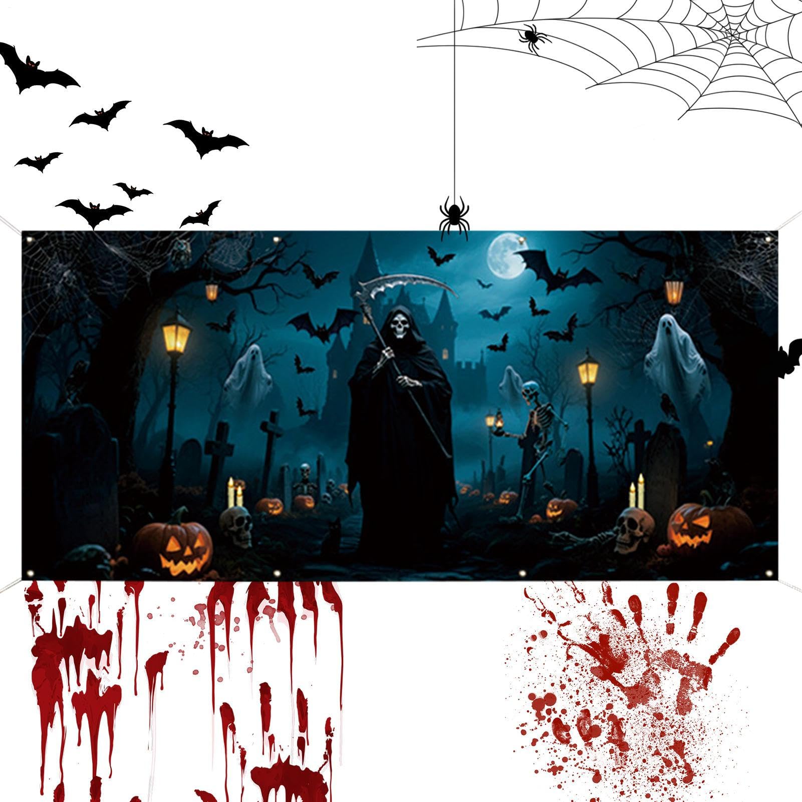 ハロウィン ガレージドアカバー 400&times;185cm 大判 装飾 タペストリー 死神 墓地 ホラー 背景 布 屋外 壁面 飾り デコレーション 撮影 パーティー イベント ガーデン 飾り付け おしゃれ リアル 巨大｜グロースショップ