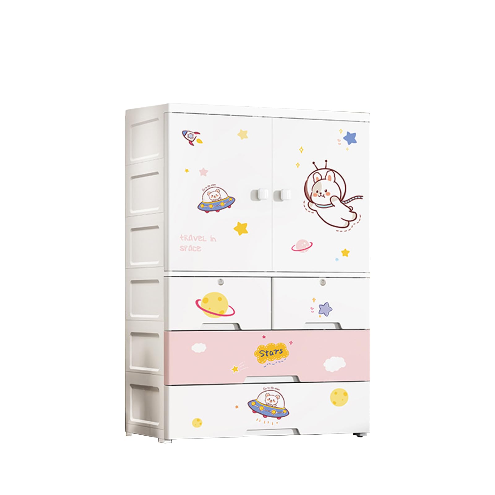 キッズクローゼット ベビークローゼット ワードローブ クローゼット子供用 かわいい 収納ボックス 衣類収納 小物 ハンガーラック付き 組立簡単 おしゃれ 耐久性 防塵 高耐荷重 省スペース 衣装ケース リビング 寝室 書斎 玄関 (1*ワードローブ+2*小型引き出し+2*大引き出し)｜グロースショップ