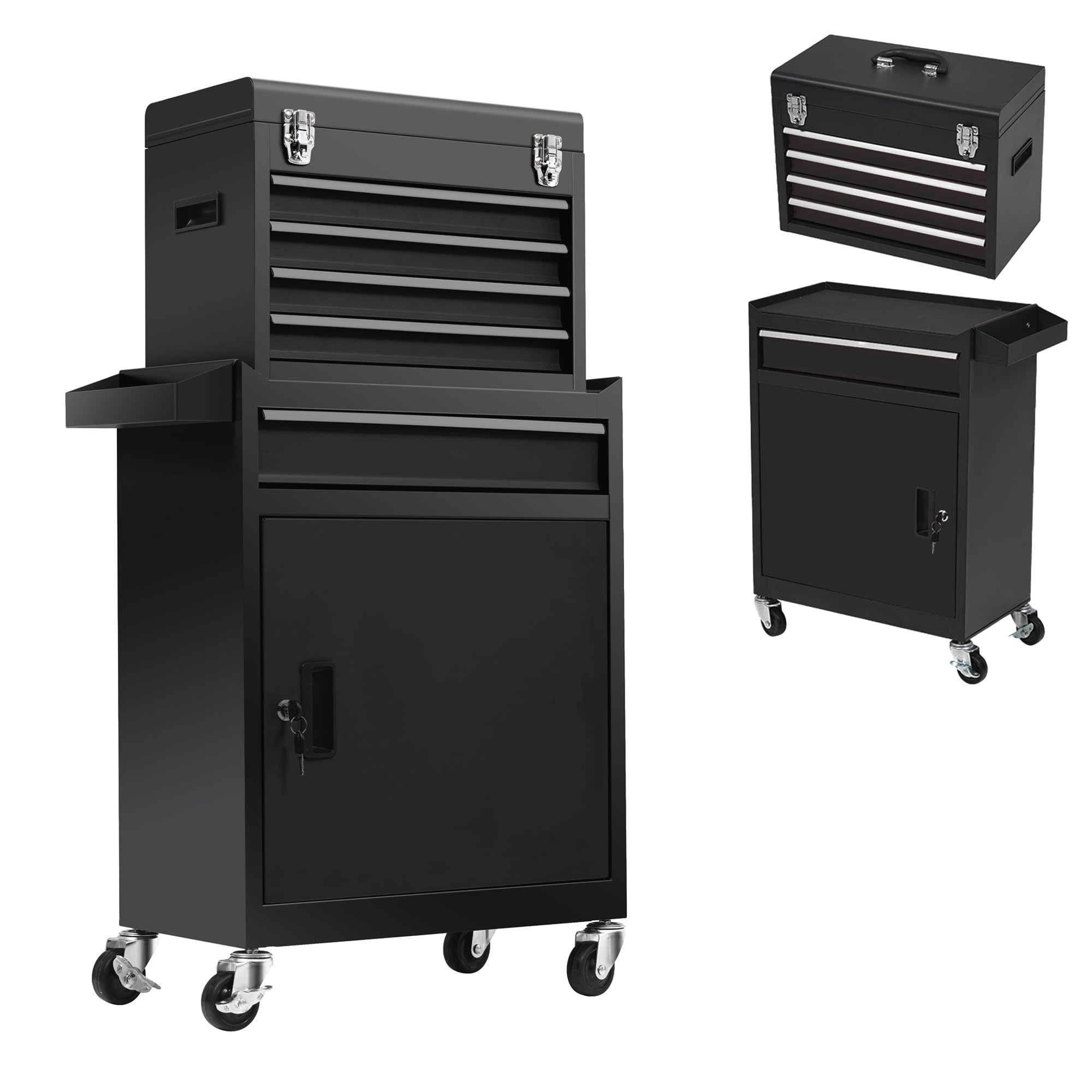 手道具収納家具 手道具手押し車｜4段チエスト・ローラーキャビネット 2インチ1【雨合羽・防錆・貯蔵食の焼付ペンキ塗り完成】抽き出し・鍵・キャスター付き添い人 スチール写真製 大型 手道具 納める【二段納める型 黒いこと】