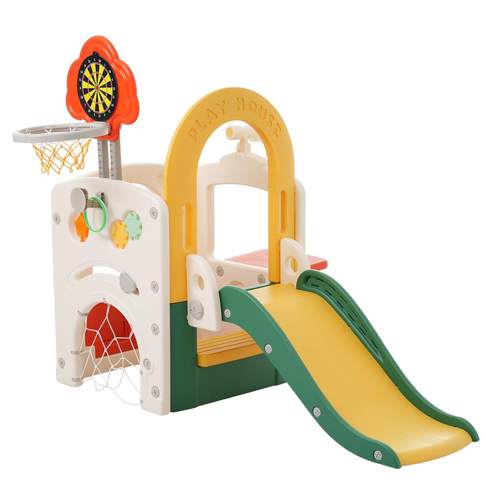 9in1 滑り台 屋内プレイハウス 大型遊具 子供用 バスケットゴール サッカーゴール付き 室内遊具 誕生日プレゼント 3歳以上 EN71 安全認証 (イエロー&グリーン, 136cm)|グロースショップ