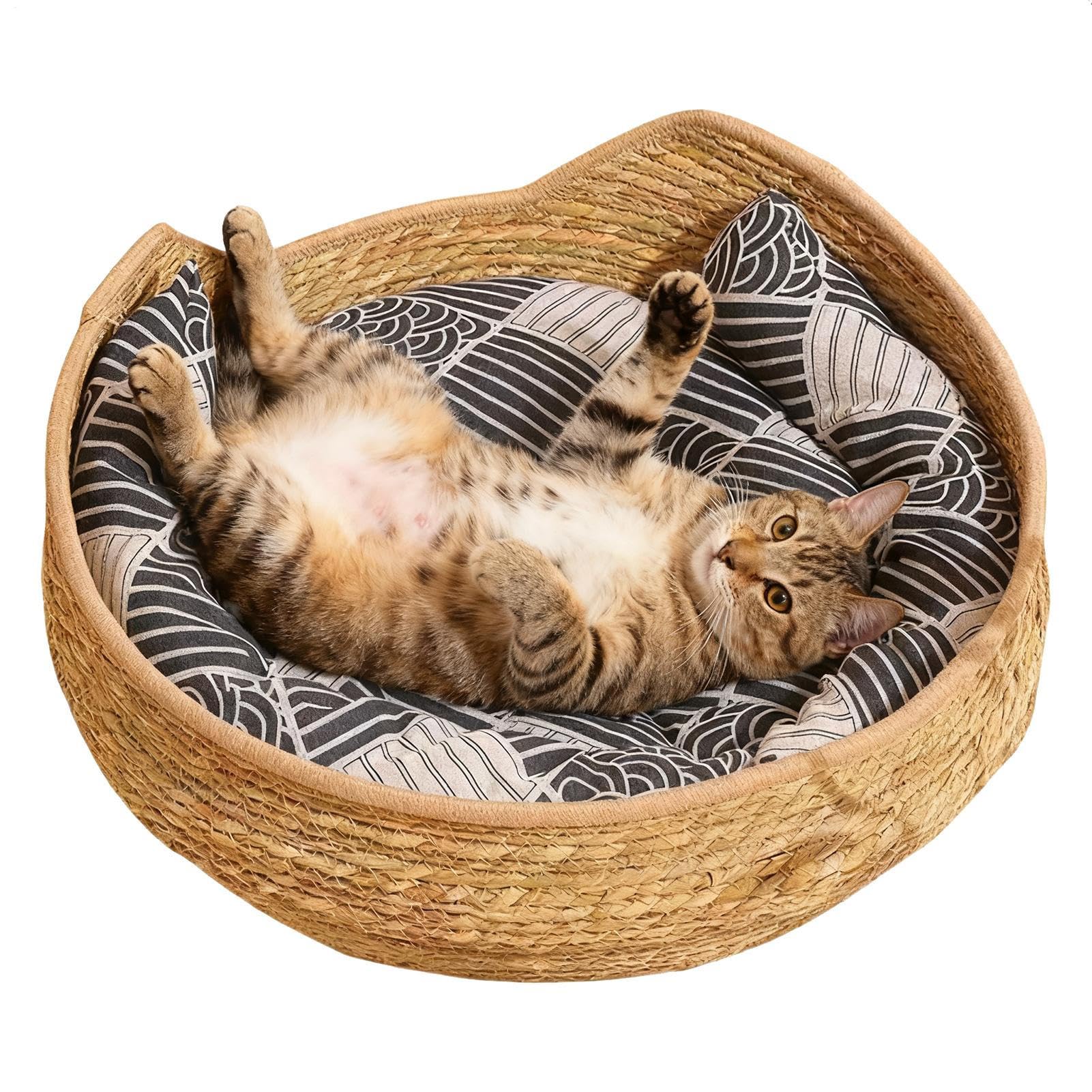 猫用スリーピングベッド - 編み込み洗える子ネコ引っ敷き 座布団と枕付き添い人 | 愛くるしい 猫 寝台,室内 室外 旅する 車 難民キャンプ 事務机 寝台側面 窓 腰掛け 長いす お座敷 保護施設用
