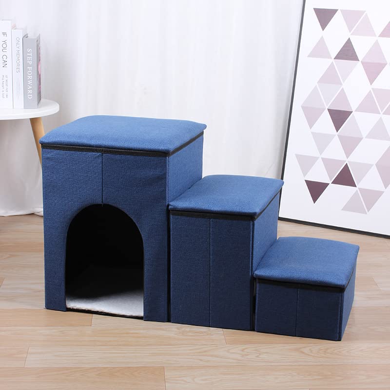 L 犬用ステップ 3段 犬用ソファラダー 犬用階段 ペット用階段 犬小屋 小型犬用ペット用ラダー 折りたたみ式収納 ペット用おもちゃ収納 収納ボックス 取り外し可能 丈夫 (ブルー)｜グロースショップ