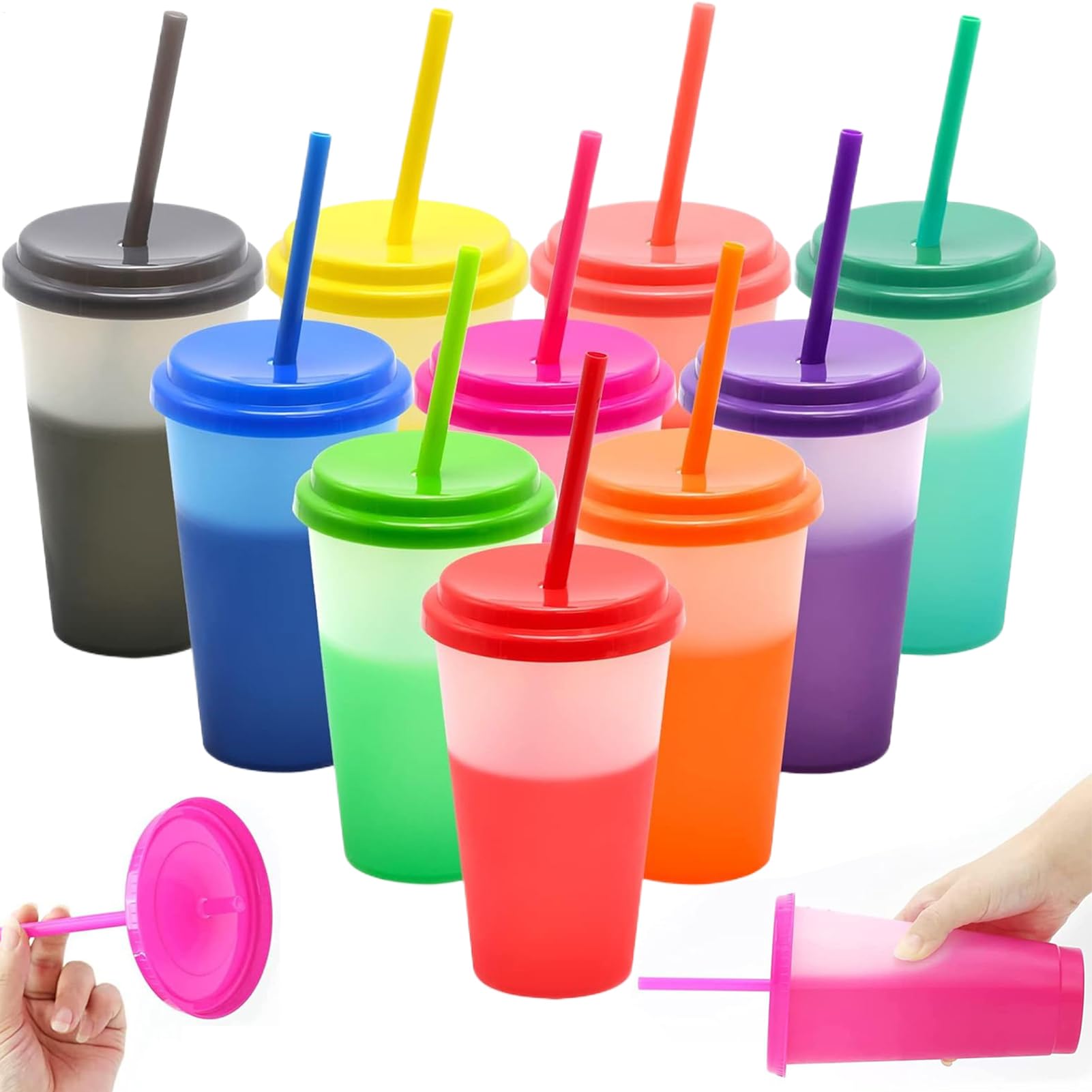 蓋付き添い人カラーチェンジマグカップ, 710ml 一度ならず使える 色変わり吸い筒 蓋付き添い人, 10個書き割り水もの保持者麦わら付き添い人冷熱水もの相応う砂浜・ピクニック・旅する用