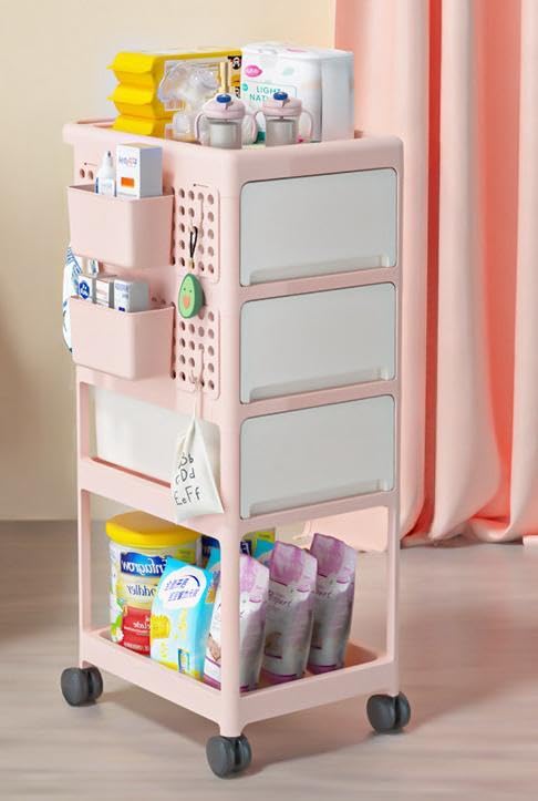 ベビー用品 収納 収納カート キャスター付き ベビー用品収納ラック2/3/4段 多機能 オムツ収納 ベビーワゴン フック付き 引き出し付き 移動式 取っ手 小物収納 キッチンワゴン おしゃれ 3色 (4段,ピンク)|グロースショップ