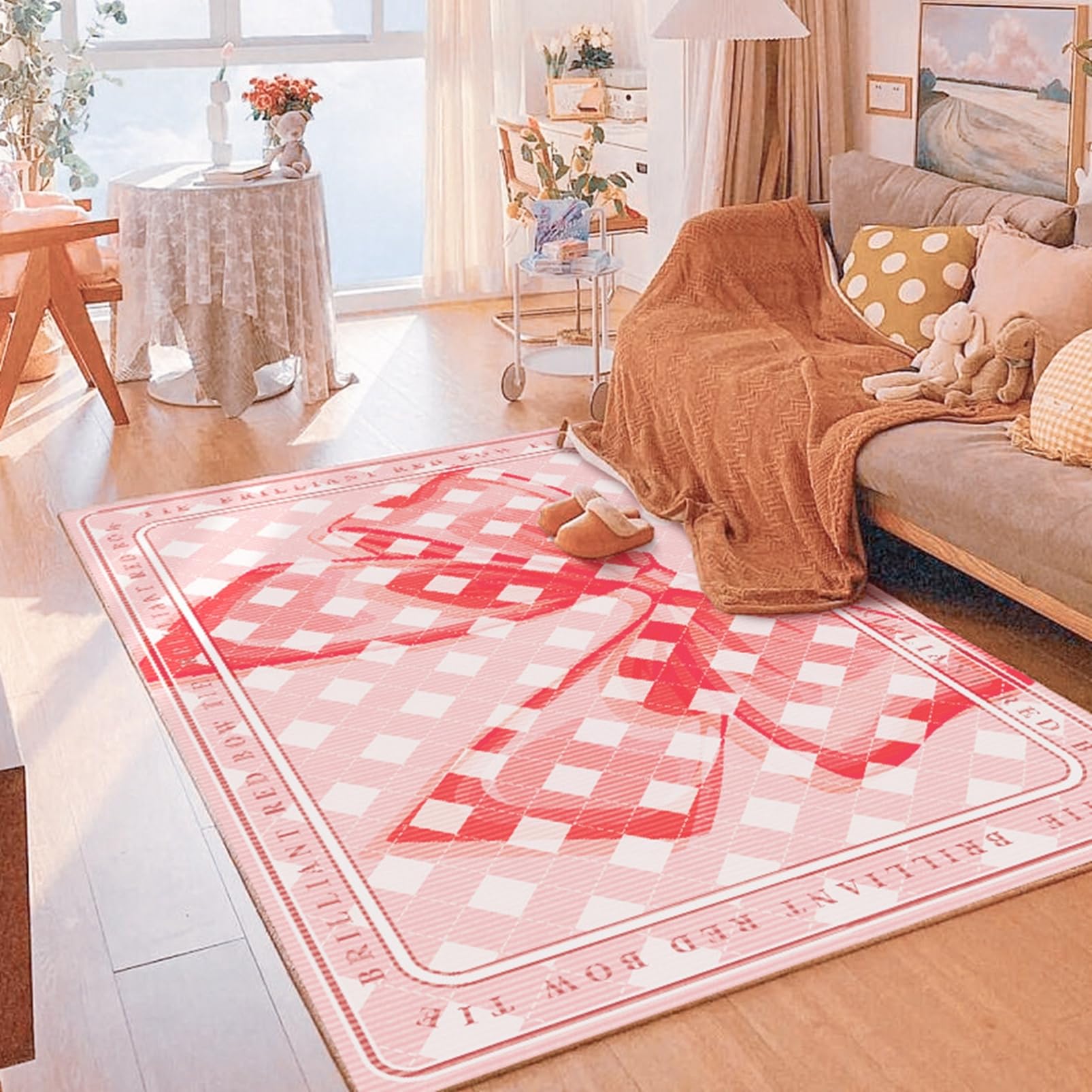 ラグ ピンク チェック ラグマット 200x300cm 丸洗い 四季通用 可愛い 動物柄 すべり止め ホットカーペット対応 冷房対応 床暖房対応 抗菌防臭 低反発 防音 軽量 インテリア リビング 子供部屋 カーペット|グロースショップ