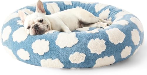 L ベッド 犬 クッション ドーナツ もこもこ ふわふわ 可愛い 暖かい ラウンド ふかふか 寝床 丸洗い可 小型 猫 兼用 滑り止め 防寒 ソファ ペット用品 秋 冬 (青い空と白い雲,60*60*20cm)｜グロースショップ