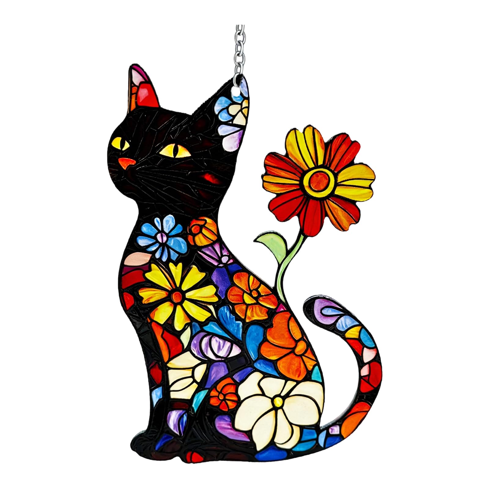 エレガントな黒猫とブランチキャスティングカラーのサンレシーバーウィンドウ装飾が特徴の芸術的なメルトガラスサンキャッチャー、女性へのホリデーギフト｜グロースショップ