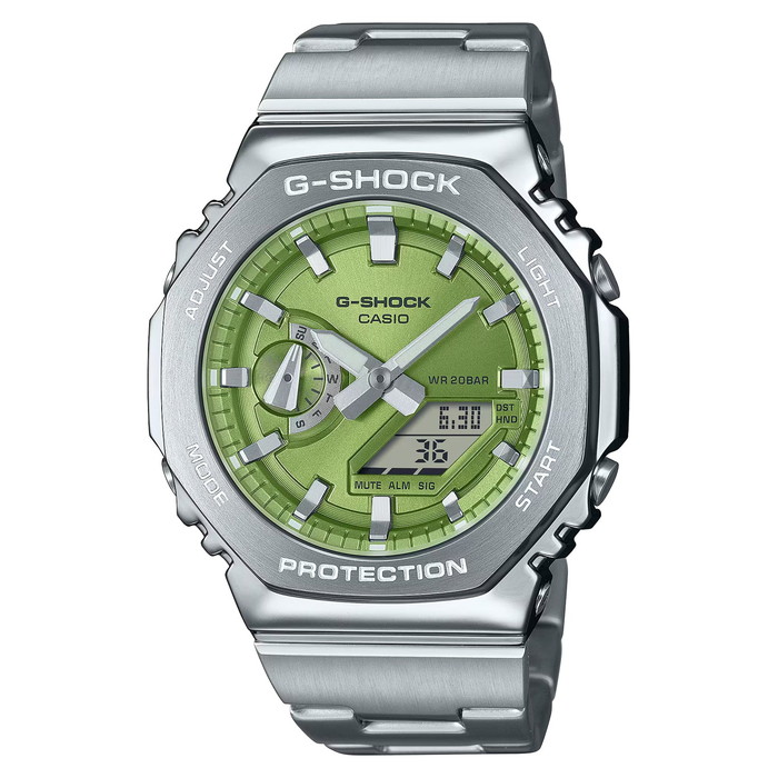 【10年保証】【日本未発売】CASIO G-SHOCK カシオ Gショック GM-2110D-3A 腕時計 時計 ブランド メンズ キッズ 子供 男の子 アナデジ 日付 カレンダー 防水 シルバー グリーン 緑 カシオーク 海外モデル ギフト プレゼント