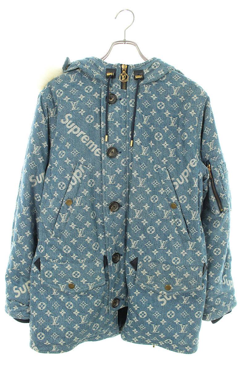 シュプリーム ルイヴィトン SUPREME LOUISVUITTON サイズ:44 17AW LV Jacquard Denim N-3B デニムモノグラムコヨーテファーN-3Bミリタリーコート(インディゴ)【010132】【OM10】【メンズ】【中古】bb205#rinkan*B|RINKAN