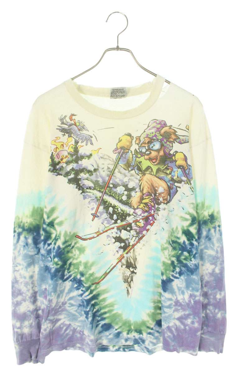 ヴィンテージ VINTAGE　 サイズ:L GRATEFULDEAD グレイトフルデッド スキープリント総柄タイダイ長袖カットソー(ホワイト×パープル×グリーン)【101142】【BS55】【メンズ】【中古】bb223#rinkan*C