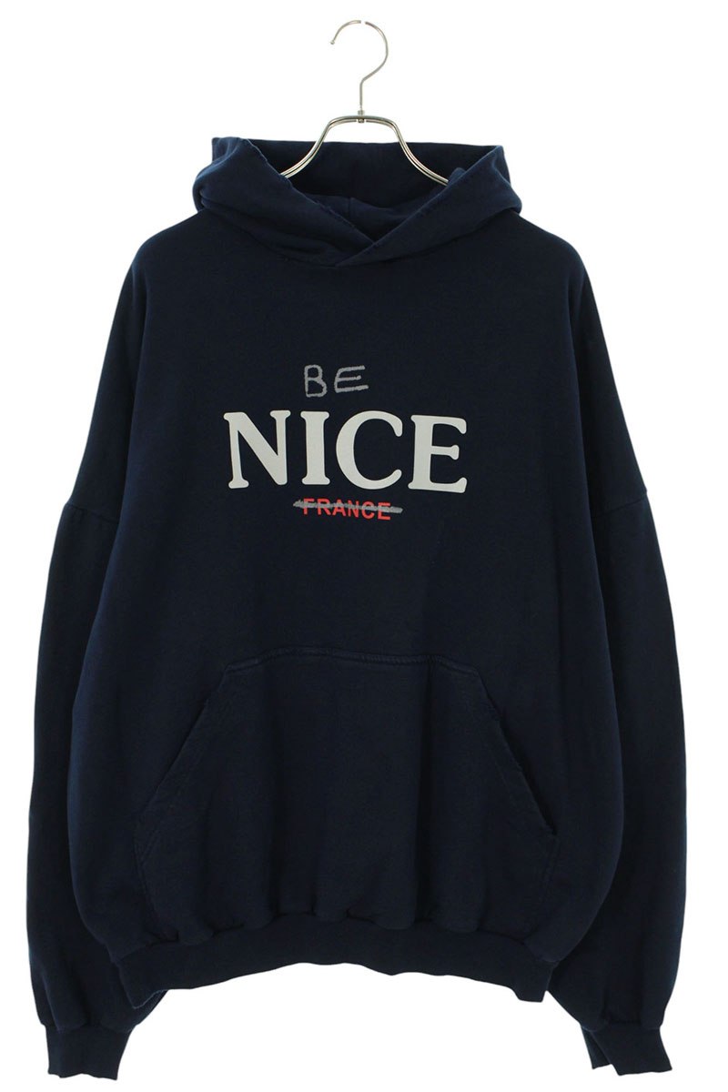 バレンシアガ BALENCIAGA　 サイズ:3 761458 TPVE5 BE NICEプリントダメージ加工パーカー(ネイビー)【711142】【OM10】【メンズ】【中古】bb223#rinkan*A