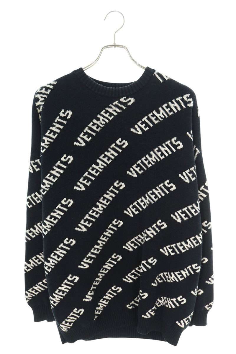 ヴェトモン VETEMENTS 大きさ:S  UAH21KN047 ロゴタイプ総柄ジャガードニット(黒いこと×白いこと)【729052】【BS55】【メンズ】【中古】bb420#rinkan*B
