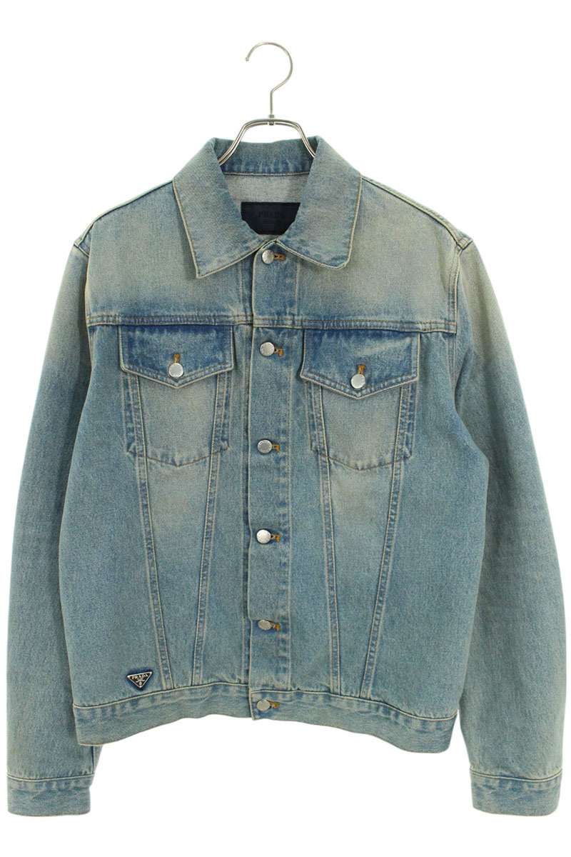 美品【プラダ】デニムジャケット　Aライン　ロゴボタン　中綿　バッグベルト　44 プラダ トライアングルロゴ 24年 コットン デニムジャケット XL
