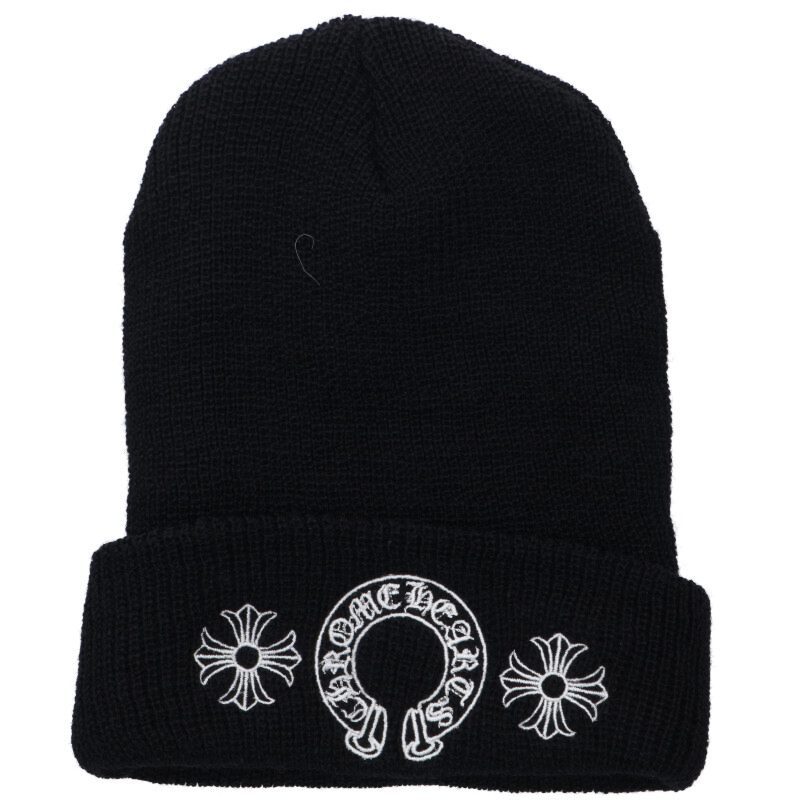クロムハーツ Chrome Hearts　 CHレザーパッチウール帽子(ブラック×シルバー)【302052】【SJ02】【小物】【中古】bb339#rinkan*A