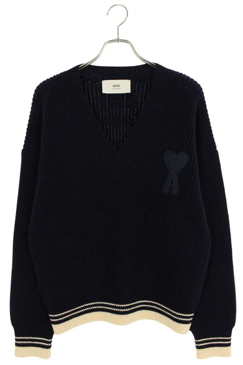 アミアレクサンドルマテュッシ AMI Alexandre Mattiussi　 サイズ:XL 25SS UKS268KN0068 4011 ハートA刺繍Vネックニット(ネイビー)【413052】【SB01】【メンズ】【新古品】bb78#rinkan*N