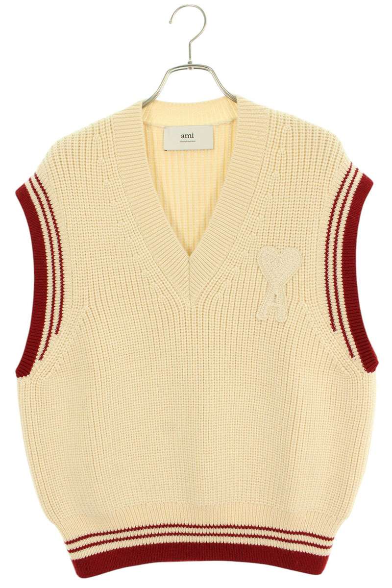 アミアレクサンドルマテュッシ AMI Alexandre Mattiussi サイズ:XL 25SS UKS768KN0068 136 ハートA刺繍Vネックニットベスト(オフホワイト)【413052】【BS55】【メンズ】【新古品】bb78#rinkan*N|RINKAN