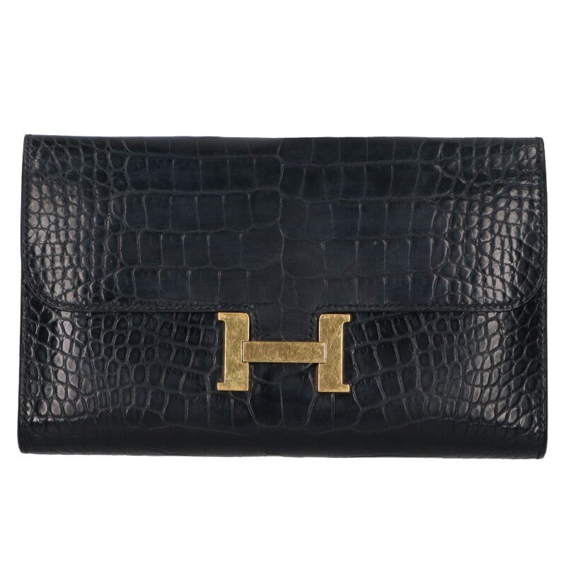 【良品】HERMES コンスタンスロング アリゲーター ネイビー 長財布X刻印黒 エルメス コンスタンスロング アリゲーター ネイビー 長財布 X
