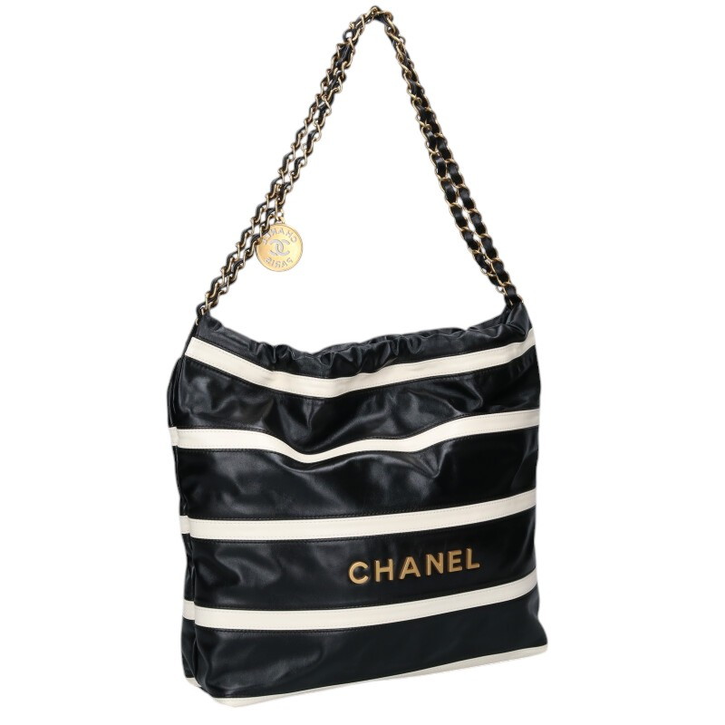 シャネル CHANEL   CHANEL22 スモール シャイニーカーフスキンハンドバッグ(黒いこと×白いこと×ゴールド)【629052】【SB01】【小物】【中古】bb177#rinkan*B