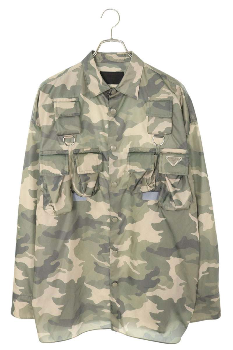 プラダ PRADA　サイズ:M SC773 S232 143M ロゴプレート付きカモフラ柄ナイロンブルゾン(カーキ調)【805052】【OM10】【メンズ】【中古】bb346#rinkan*A｜RINKAN