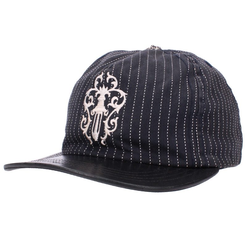 クロムハーツ Chrome Hearts　 BASEBALL TRUCKER ベースボールトラッカー レザー切替ストライプベースボールキャップ(ブラック&times;シルバー)【115052】【GZ11】【小物】【中古】bb17#rinkan*B｜RINKAN
