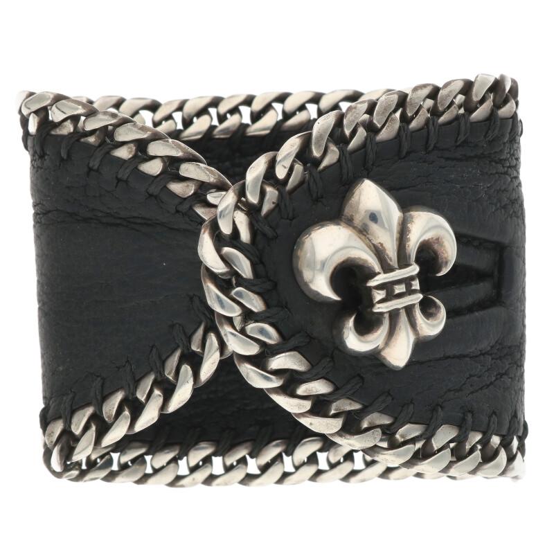クロムハーツ Chrome Hearts LTHR PLS BSフレアチェーン レザーブレスレット(ブラック×シルバー 総重量70.54g)【125052】【SJ02】【小物】【中古】bb433#rinkan*B