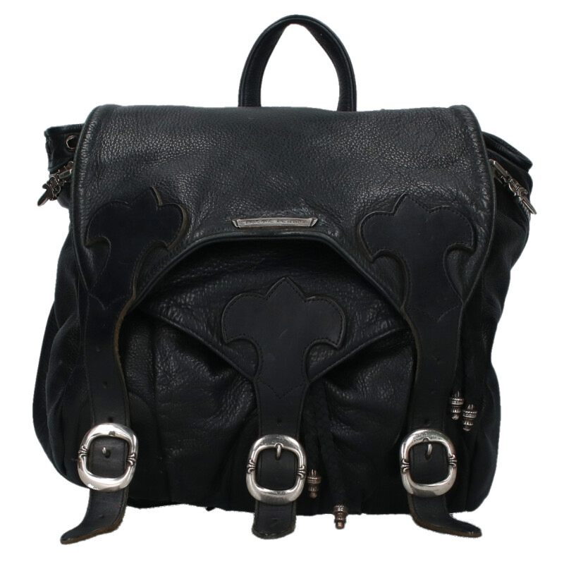 クロムハーツ Chrome Hearts   BACKPACK-S スモールバックパック ガンスリンガーストラップレザーバックパックリュック(黒いこと×しろがね色)【516052】【SS07】【小物】【中古】bb317#rinkan*B