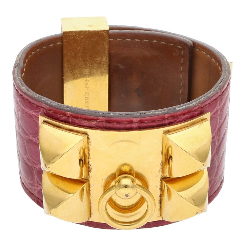 エルメス HERMES　 サイズ:S Collier de Chien コリエドシアン N刻印 G金具アリゲーターブレスレット(ピンク 総重量103.19g)【907052】【BS55】【小物】【中古】bb33#rinkan*C