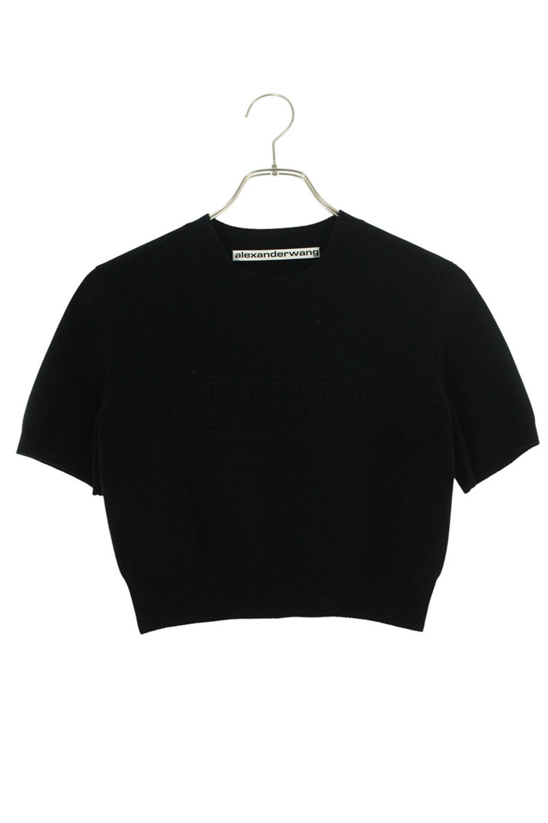 alexanderwang.t ブラックショート丈ポロシャツ Alexander Wang.t ロゴ刺繍 ピンストライプ ショート丈