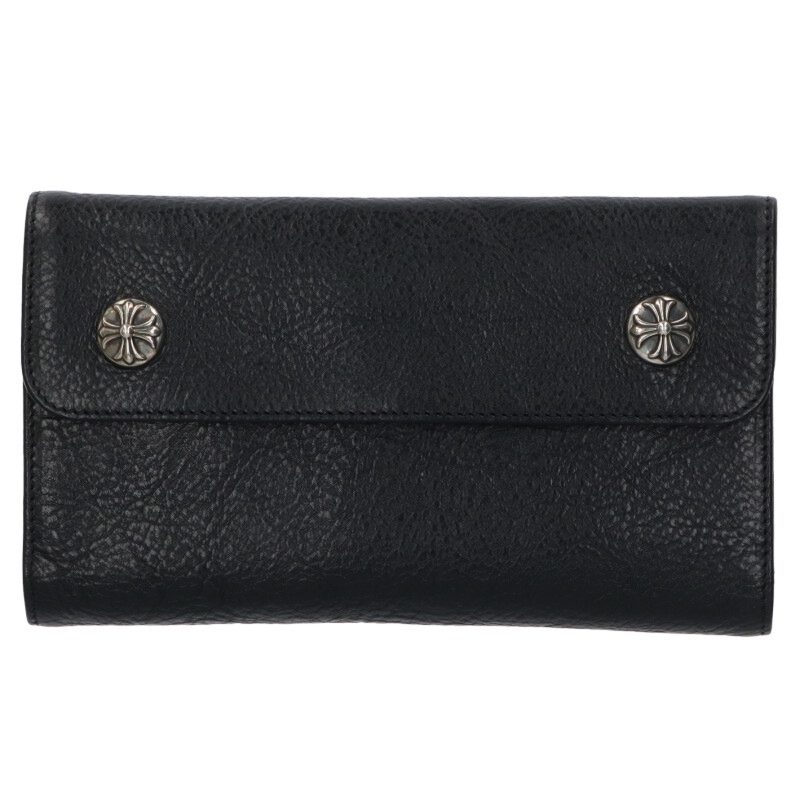 クロムハーツ Chrome Hearts　 WAVE CROSS BALL ウェーブ クロスボールボタンレザーウォレット財布(ブラック×シルバー)【629052】【OK15】【小物】【中古】bb396#rinkan*S