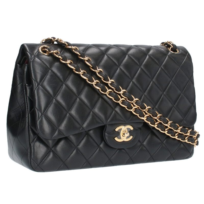 シャネル CHANEL　 デカマトラッセ 30 ダブルフラップラムスキンショルダーバッグ(ブラック×ゴールド)【108052】【GZ14】【小物】【中古】bb334#rinkan*B