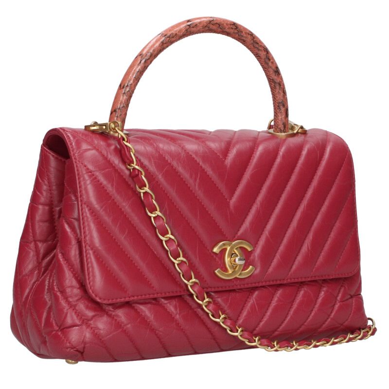 シャネル CHANEL　 サイズ:29 ココハンドル29 シェブロン エイジドカーフスキン パイソンハンドバッグ(レッド)【118052】【SB01】【小物】【中古】bb459#rinkan*B