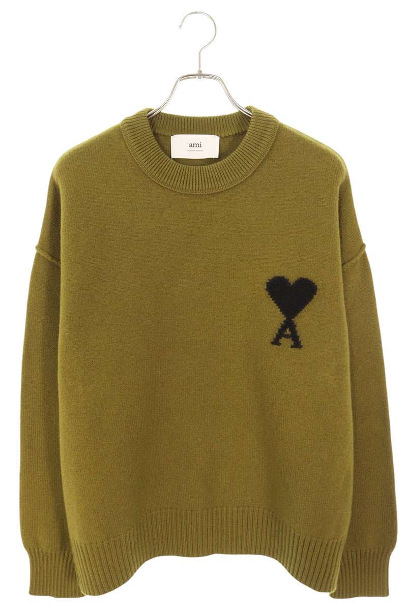 アミアレクサンドルマテュッシ AMI Alexandre Mattiussi　 サイズ:L 25AW UKS838 ハートA刺繍クルーネックニット(オリーブ)【518052】【SB01】【メンズ】【新古品】bb78#rinkan*N