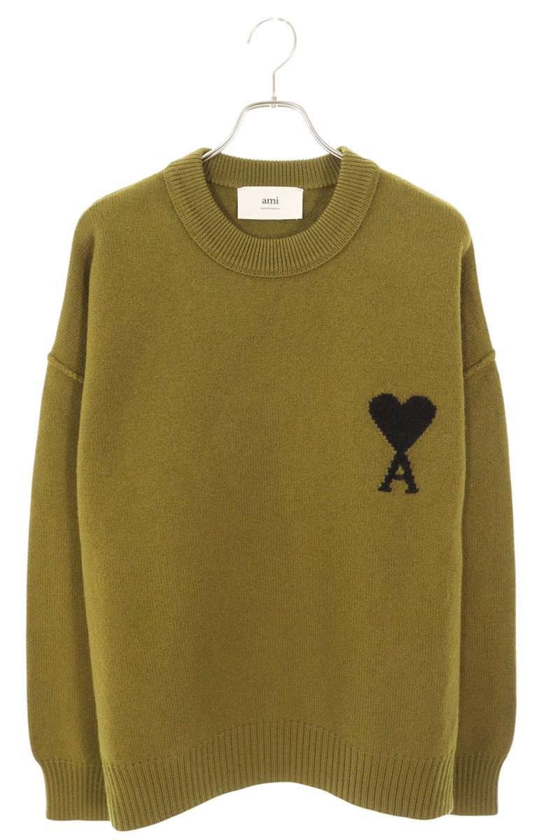 アミアレクサンドルマテュッシ AMI Alexandre Mattiussi　 サイズ:XL 25AW UKS838 ハートA刺繍クルーネックニット(オリーブ)【618052】【SB01】【メンズ】【新古品】bb78#rinkan*N
