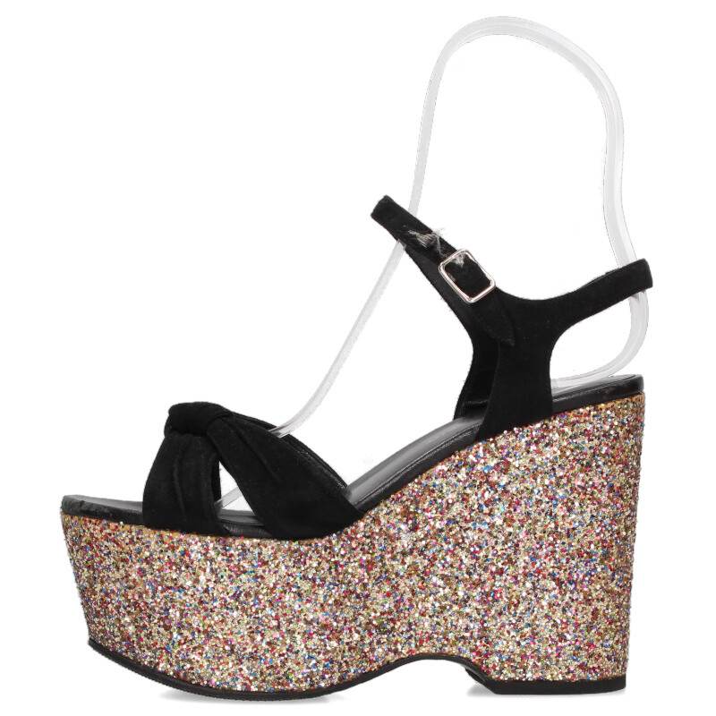 サンローランパリ SAINT LAURENT PARIS　 サイズ:36 4198 マルチグリッターウェッジサンダル(ブラック×マルチ)【619052】【BS99】【レディース】【小物】【中古】bb420#rinkan*C