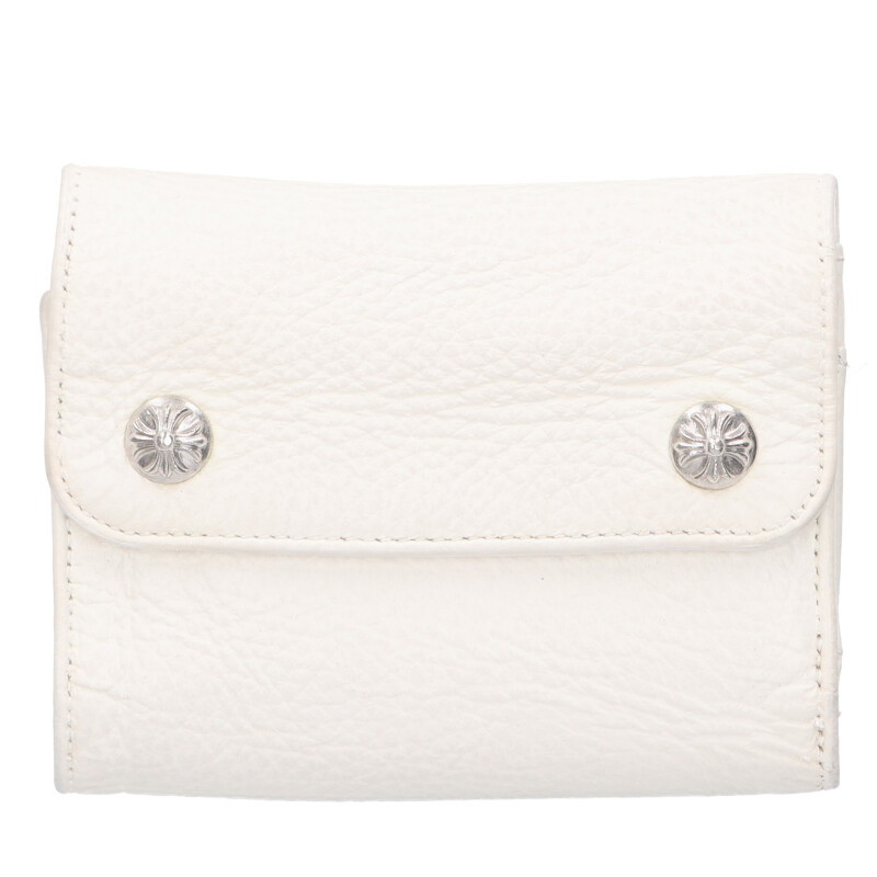 クロムハーツ Chrome Hearts   WAVE MINI ウェーブミニ クロスボールボタンレザーウォレット銭入れ(白いこと×しろがね色)【029052】【SJ02】【小物】【中古】bb17#rinkan*B