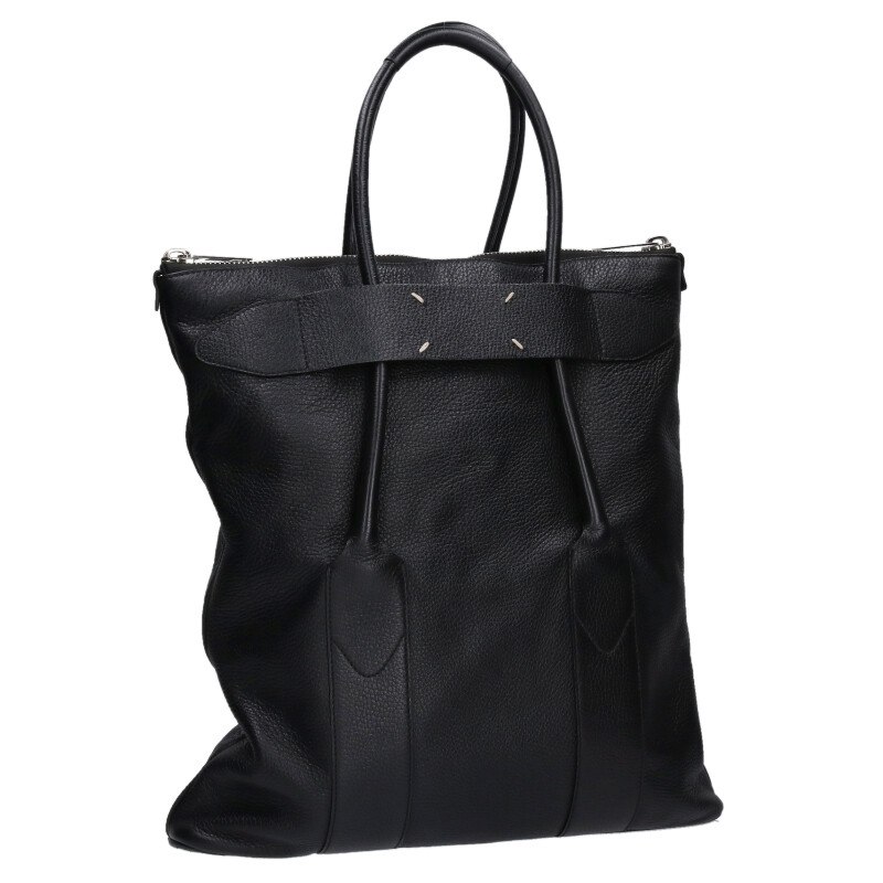 メゾンマルジェラブラックレザートートバッグ フロントポケット付き メゾンマルジェラブラックレザートートバッグ フロントポケット