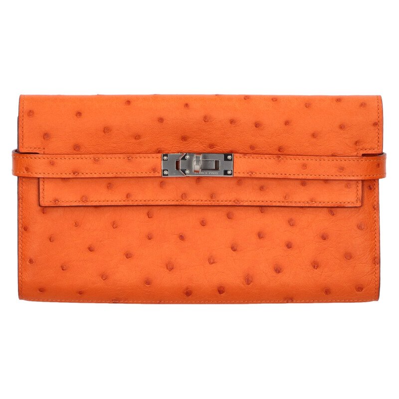 エルメス HERMES　 ケリーウォレット X刻印 SV金具 オーストリッチ長財布(オレンジ)【100152】【OM10】【小物】【中古】bb459#rinkan*B