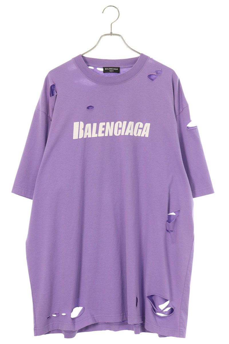 バレンシアガ BALENCIAGA　 サイズ:S 651795 TKVB8 デストロイ加工ロゴプリントTシャツ(パープル)【700152】【SB01】【メンズ】【中古】bb421#rinkan*B