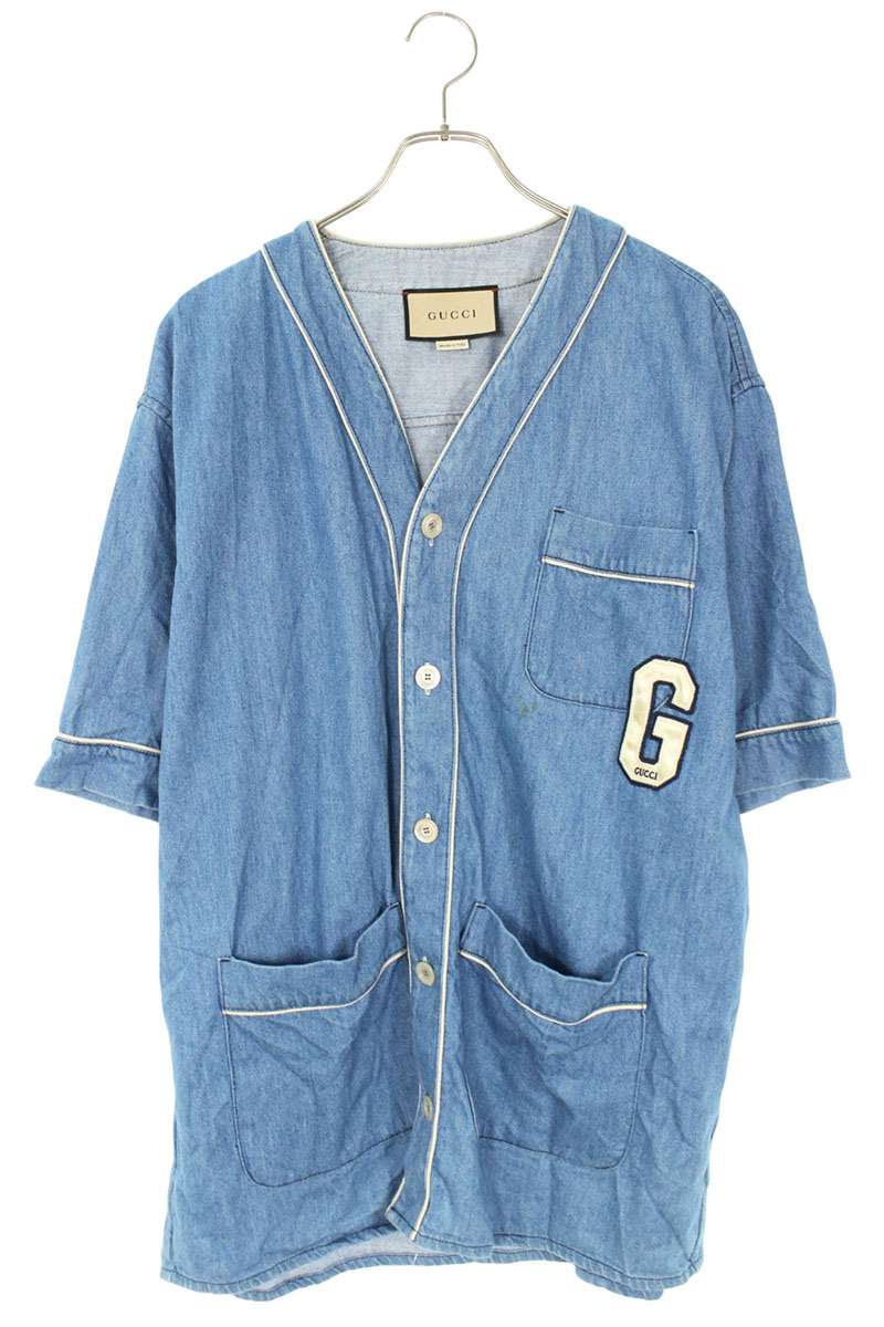 グッチ GUCCI サイズ:46 753105 XDCLX ロゴ刺繍ベースボール半袖シャツ(ブルー)【114062】【SB01】【メンズ】【中古】bb132#rinkan*B
