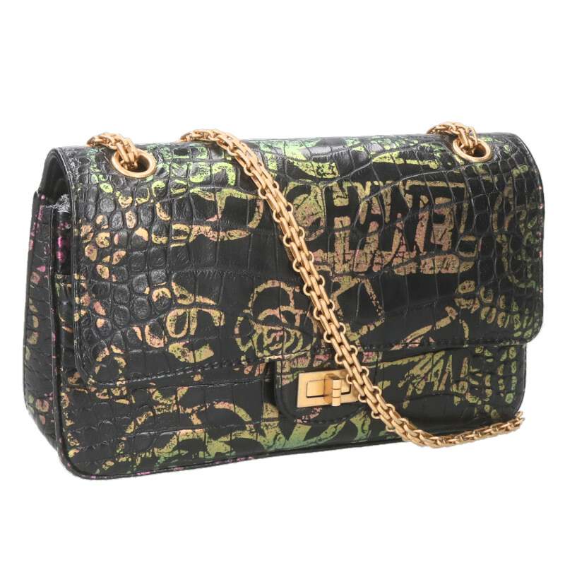 シャネル CHANEL 大いさ:25  2.55 グラフィティクロコ型押しWフラップチェーンショルダーバッグ(黒いこと×サクラ色調×ゴールド)【220152】【BS55】【小物】【中古】bb30#rinkan*B